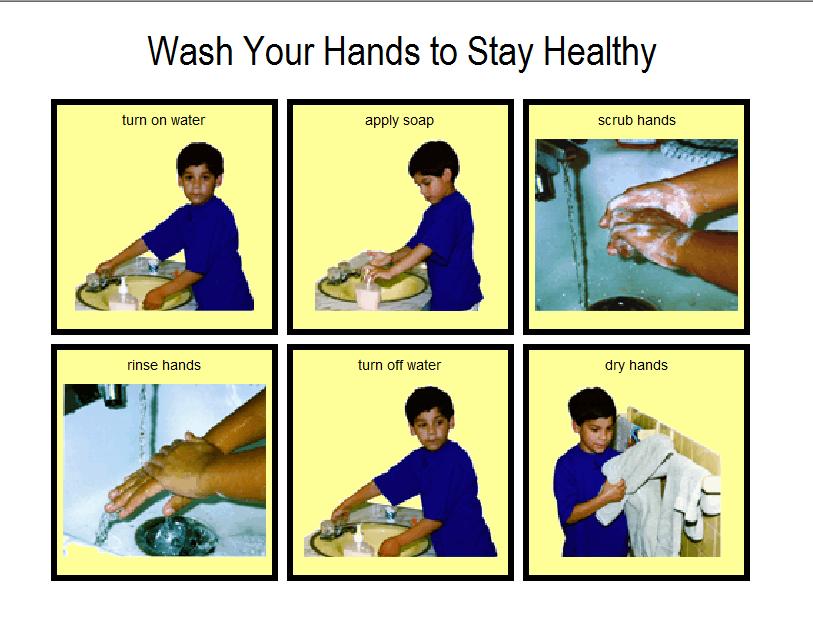 Six pictures showing a boy washing his hands in sequential order.